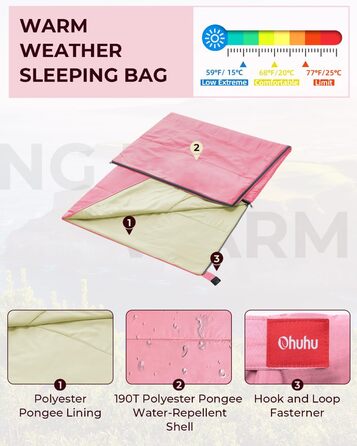 Ohuhu Lightweight Sleeping Bag - Compact & Ultralight (900g) Summer Sleeping Bag for Camping, Travel, Festivals (Pink)