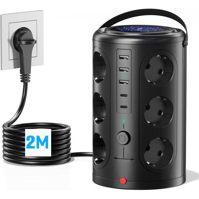 Багаторозеткова мережева панель Pluackg з 5 USB, 12 розеток, захистом від перенапруги, 2м кабелем, чорна