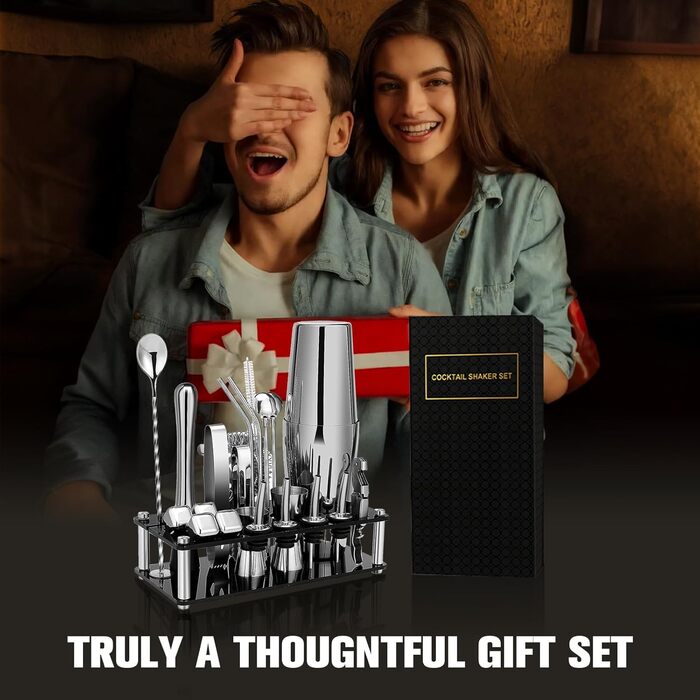 Набір для коктейлів 23 предмети Boston Edelstahl: шейкер, стійка для акрилу, рецепти, 4 камені для віскі - професійний барний набір для дому та вечірок