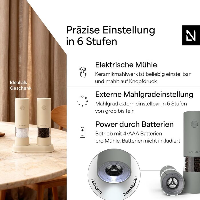 Електричні млини для солі та перцю LARS NYSØM (2 шт.) з регульованим керамічним подрібнювачем, працюють від AAA батарейок, сірий колір