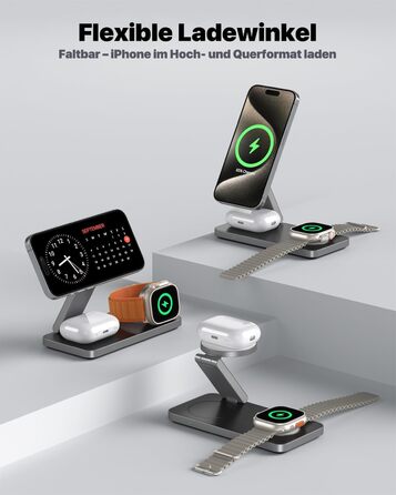 Бездротова зарядна станція 3-в-1 з Qi2.2 25W для Apple Watch та iPhone (MagSafe) + адаптер 35W, чорна