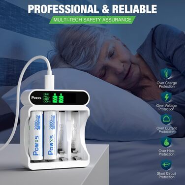 Зарядний пристрій POWXS для акумуляторів NI-MH NI-CD AA AAA з LCD-дисплеєм, універсальний, Micro USB & Type-C, безпечний