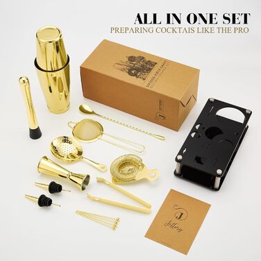 Набір шейкерів Boston - 16 предметів з нержавіючої сталі з акриловою основою, набір для приготування коктейлів (золотий)
