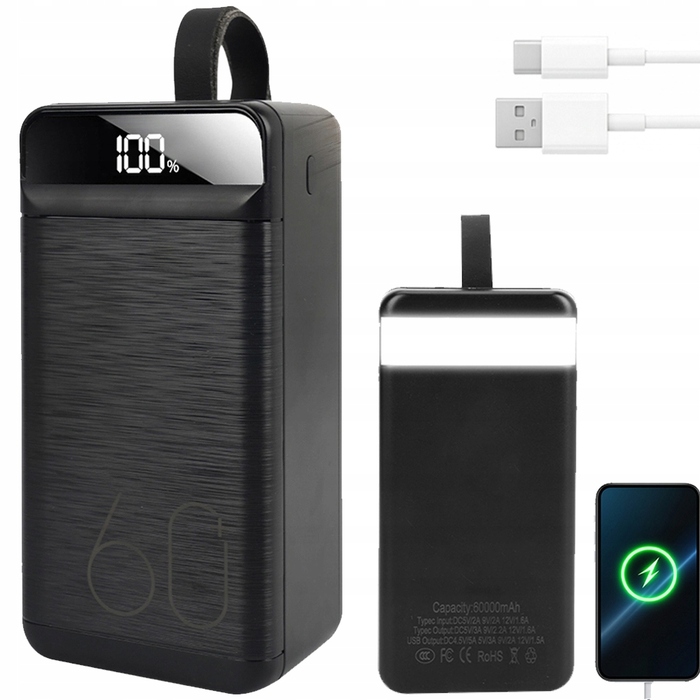 Повербанк 60000 mAh з 3 USB-портами та LED-індикатором для зарядки телефону