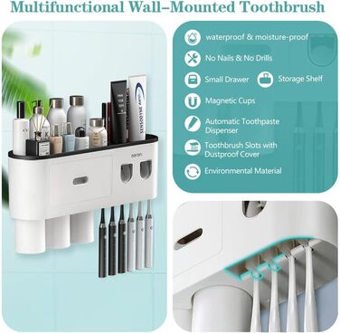 Wall-Mounted Toothbrush Holder with 2 Automatic Toothpaste Dispensers, 6 Toothbrush Slots, 3 Magnetic Cups, 1 Storage Drawer, and Large Storage Shelf