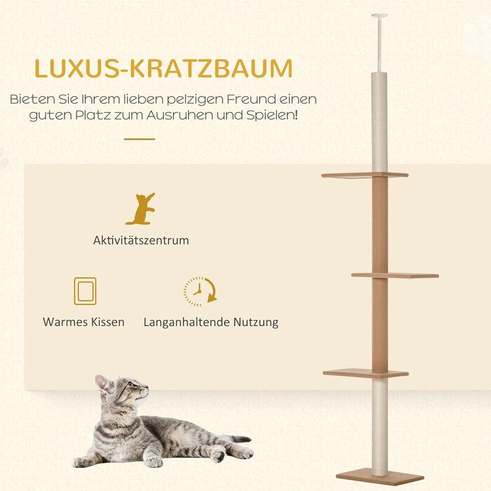 PawHut Cat Tree, Ceiling-High, 228-260 cm Adjustable Height Cat Tree/Climbing Tree for Cats with 3 Levels, Cat Scratching Post, Floor-to-Ceiling Play Tree (Khaki)