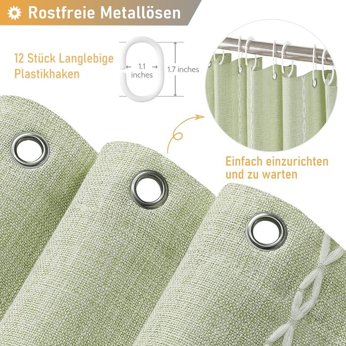 Шторка для душу BTTN 182 x 200 см, Бохо Ферма, важка тканина з рустикальним дизайном та бахромою, Водостійка, з 12 гачками, (Зелений, смугастий, H200 x B180 см (1 шт))