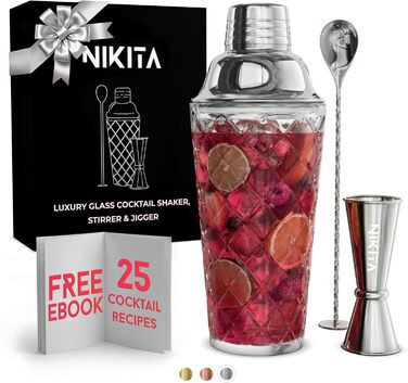 Набір шейкерів для коктейлів зі ситом, набір для мартіні, 5 шт., 450 мл, мірний стаканчик та барна ложка зі штовхачем, подарункова коробка (срібло)