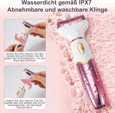 Електричний жіночий тример 4-в-1 з цифровим дисплеєм – для обличчя, ніг, під пахвами та інтимної зони, водонепроникний IPX7, USB-зарядка, рожевий