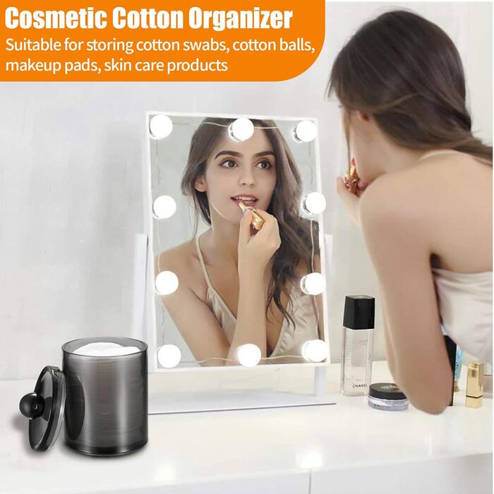 Організатор для ватних паличок та косметики з кришкою (3 шт.) - прозорий чорний контейнер для ватних дисків, зубної нитки, спонжів для макіяжу та аксесуарів для волосся