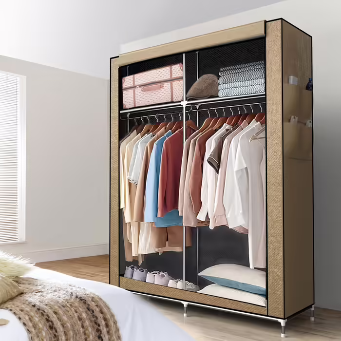 INTIRILIFE Folding Wardrobe 108x170x45 cm in - Fabric wardrobe with zipper and clothes rail, side pocket and compartments - Shelf unit, metal frame, storage (Crème Beige)