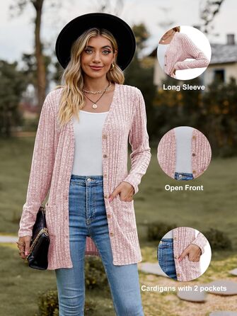 Кардиган жіночий з довгим рукавом, відкритий спереду, на ґудзиках, V-подібний виріз, легкий, з кишенями (XL, Рожевий)