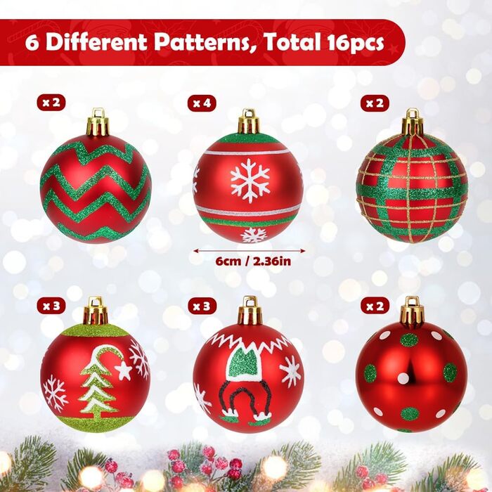 16 шт. новорічні кулі для прикраси ялинки, пластик, 6 см, червоно-білі. Декор на Новий рік, для дому, святкування, вечірки