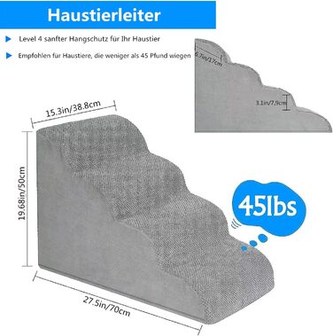 LIANTRAL Dog Stairs, 3 Steps Dog Staircase for Bed and Sofa, Made of High-Density Sponge, Cat Stairs Dog Ramp with Removable, Washable Cover and Pet Hair Remover Roller, 40 cm High (4 Steps Grey)