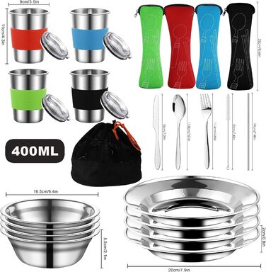 Набір для кемпінгу з нержавіючої сталі: посуд, столові прилади на 4 особи, у сітчастій сумці