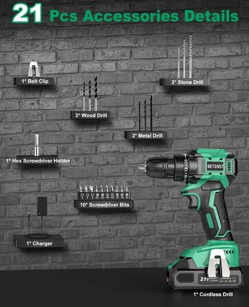 Акумуляторний шуруповерт безщітковий 21V BETENST з акумулятором 2.0Ah, 45Nm, 20 моментів, патрон 10mm, 2 швидкості, 20-ти елементний набір для дому, саду та DIY проектів (зелений)
