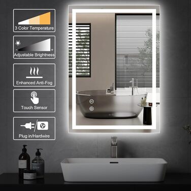 Дзеркало з підсвічуванням 70x50 см для ванної кімнати, сенсорне керування, антизапар, 3 кольори світла, регулювання яскравості