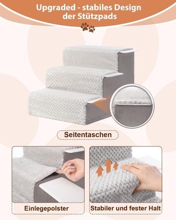 KSIIA Dog Stairs for Small Dogs 44cm High, Pet Stairs with Removable Washable Cover, Cat Stairs for Elderly Cats and Dogs, Non-Slip Dog Ramp Dog Stairs for Bed Sofa, Grey (3 steps (L45 x W38 x H33 cm))