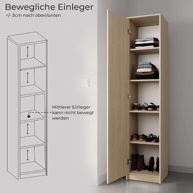 Bookshelf Wardrobe Shelf White 40cm wide 180cm high Cabinet Organizer Multi-purpose Cabinet with 4 adjustable shelves Filing cabinet Shelf Wall narrow Wood for bedroom Hallway Basement Office (Natural)