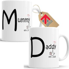 Faithful Prints Mummy and Daddy 2025 Mug Set, customizable for new parents, Mom and Dad, Mother, Father, White, 325 ml