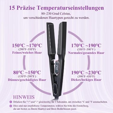 Плойка Bestbeauty з широкими керамічними пластинами 110x40 мм: 15 температур (80-230°C), Dual Voltage (110-240V), швидка укладка для довгатого та густого волосся, чорна – ідеальний подарунок для жінок