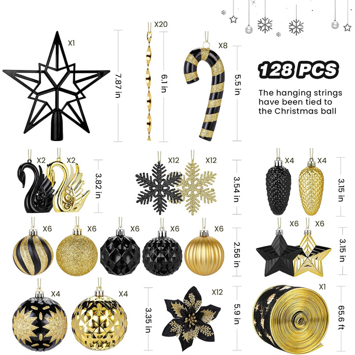 Набір прикрас для ялинки Alupssuc 128 шт: кулі, квіти, стрічки, верхівка, гачки. Чорний та золотий, синій та золотий.