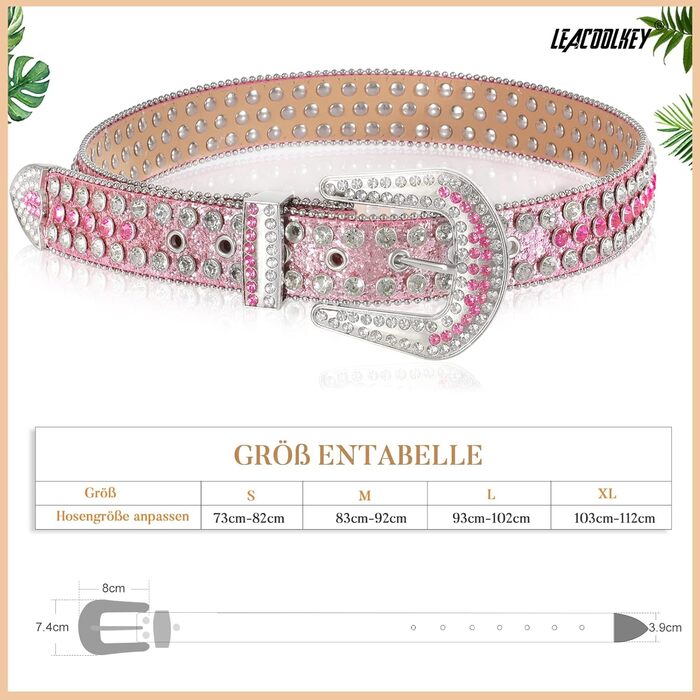 LEACOOLKEY Ремінь з стразами для чоловіків та жінок, блискучий вестерн кантрі ковбойський ремінь з ніти, для джинсів, штанів, суконь, розмір S (73-82 см), загальна довжина 105 см, колір G-рожевий (срібна пряжка)