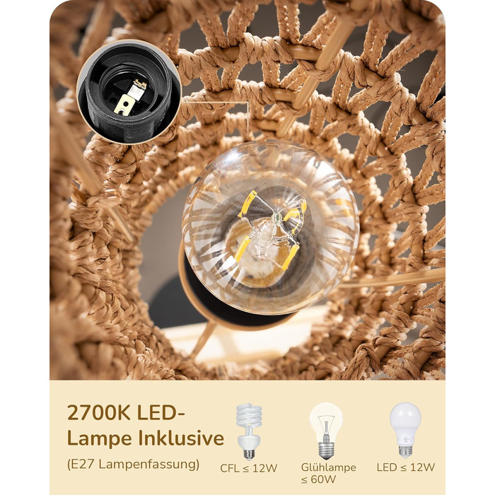 Стійка лампа EDISHINE для вітальні з трьома плафонами, вінтажний стиль, полиця, абажур з ротангу, 3 x E27, з лампочками, бохо-стиль, з вимикачем на ніжці, 178 см, чорний