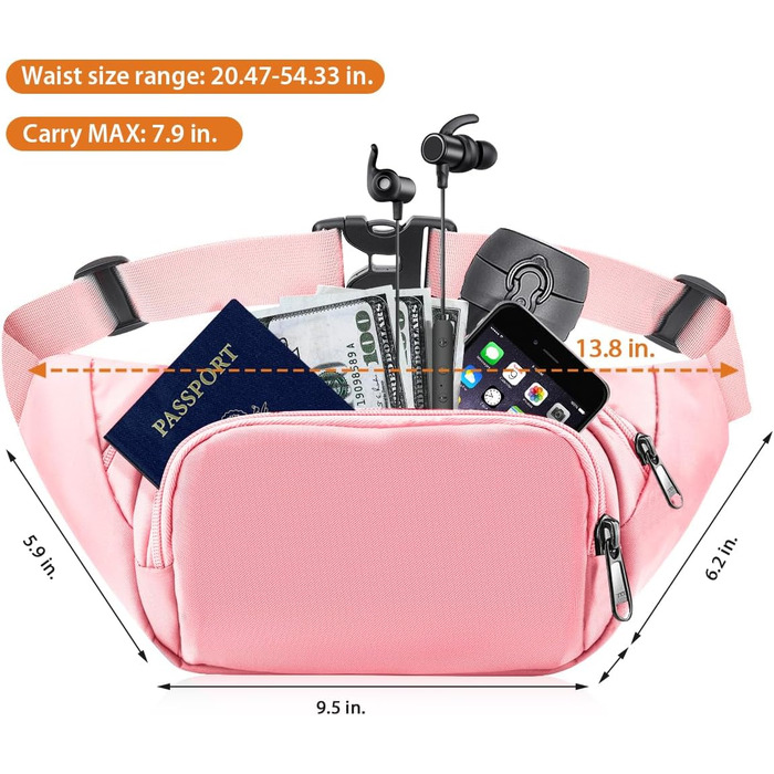 Жіноча/Чоловіча поясна сумка 4 Taschen, велика місткість, водонепроникна, для iPad mini та iPhone 12 Pro Max, для спорту (рожевий)