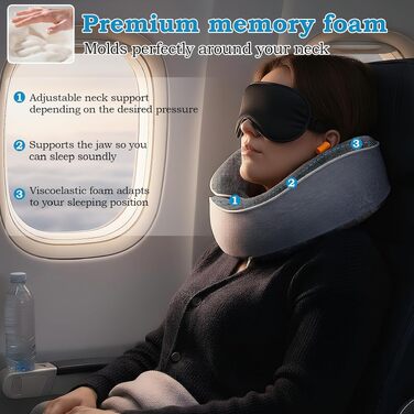 Подорожний набір 5 в 1: Ергономічна подушка для шиї з ефектом пам'яті (Memory Foam), маска для сну 3D, беруші та сумка, сіра