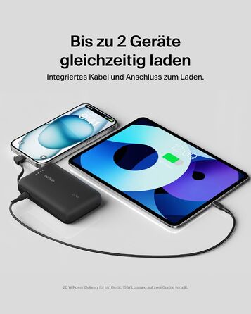 Повербанк Belkin BoostCharge 10000mAh 20W з вбудованим кабелем USB-C, LED-індикатором, чорний