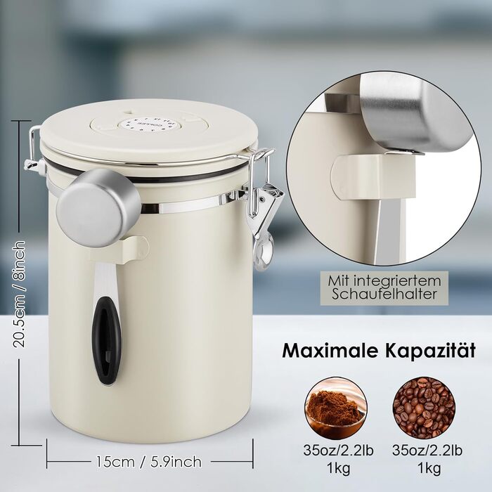 Пластиковий контейнер для кави 1 кг з дозатором, датою та мірною ложкою, 2.8 л, нержавіюча сталь, для кави, чаю, горіхів, какао (Бежевий)