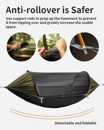 Гамак для кемпінгу 4-в-1 з москітною сіткою та знімним сонцезахистом, 290x140 см, армійний зелений