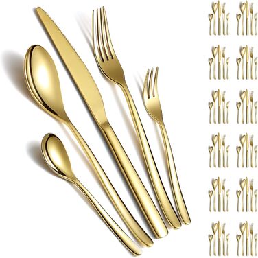 Gold Cutlery Set - 60-Piece Service for 12 People, Gold-Colored Titanium Stainless Steel Cutlery Set, Gold Spoons, Forks, and Knives Set for Home, Wedding, Restaurant, Hotel, Dishwasher-Safe