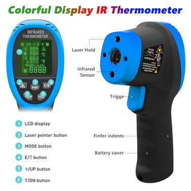 Інфрачервоний термометр 985E -50°C до 800°C з лазером, подвійний лазер, регульована емісійність, 20 комірок пам'яті, безконтактний для промисловості, піци, кухні (12 годин роботи від акумулятора) LC-985E