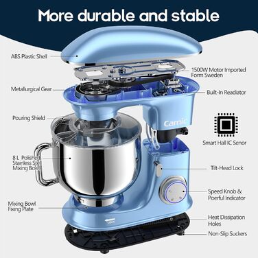 Stand Mixer Dough Mixer Camic 1500W 8L Stand Mixer Mixing Appliance Multifunction Mixer Quiet, Powerful, and Professional, 6 Speeds with Pulse, Stainless Steel Bowl (Black)