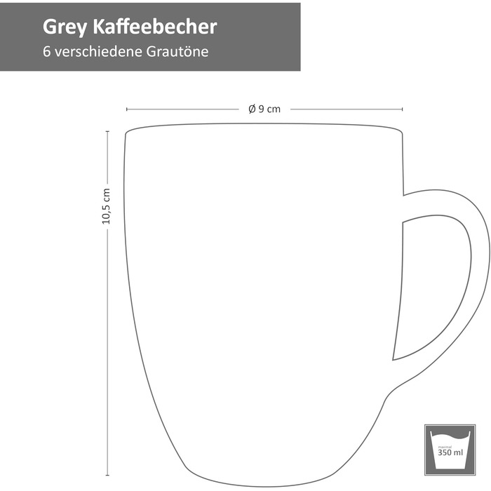 Набір кавових чашок MamboCat Grey (6 шт) – сірий керамічний набір, великий об'єм 350 мл, з візерунком 