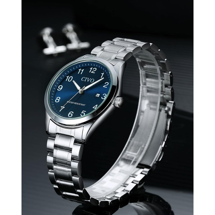 Годинник чоловічий CIVO з великими цифрами: аналоговий, водостійкий, з датою, світиться, для людей з поганим зором – подарунок для чоловіка (сріблястий)