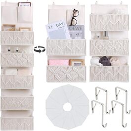 Організатор для дверей з 4 кишенями, Бохо декор, Настінна полиця-організатор з 2 гачками, Складаний настінний органайзер для спальні, дитячої кімнати, ванної (5 кишень-слонова кістка)