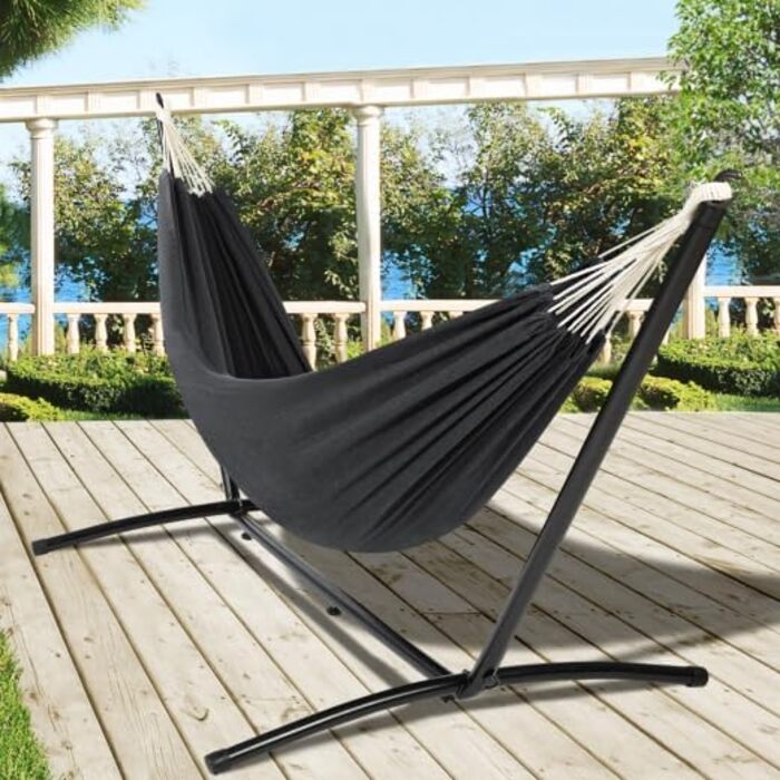 Hammock with metal stand and gray fabric, garden hammock holder