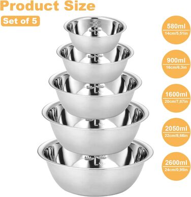 Набір з 5 штук містких металевих чаш GBACHOOSE: 0.58L, 0.9L, 1.6L, 2.05L, 2.6L. Ідеально підходять для приготування, змішування, подачі та зберігання. Зручні, стійкі, легко миються.