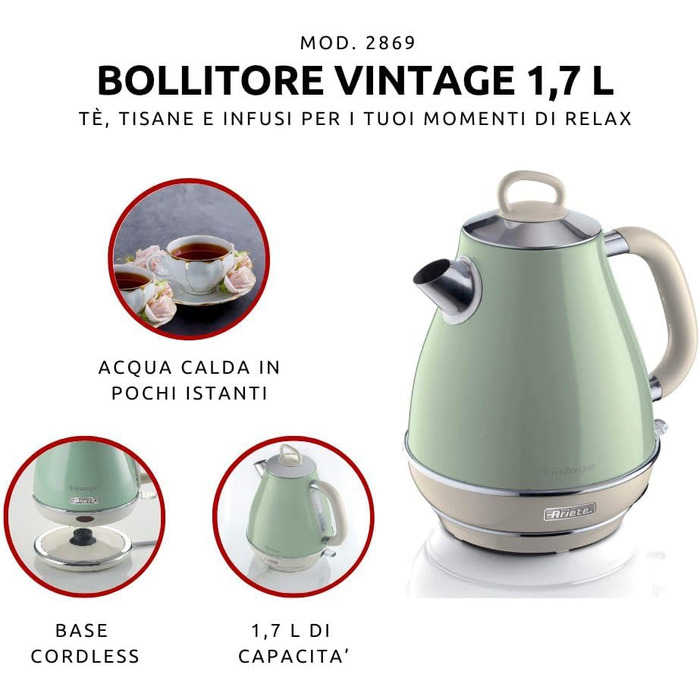 Ariete Vintage Green Electric Kettle - 1.7L Stainless Steel, 2000W, 360° Swivel Base, Automatic Shut-Off, Tea Infuser