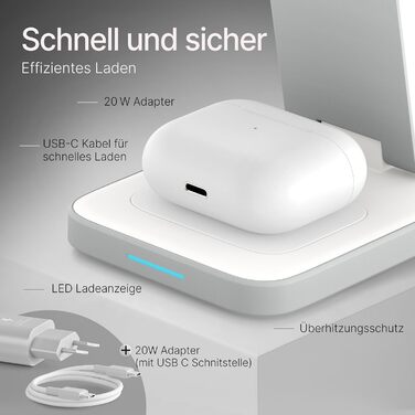 TEGLER 3-в-1 MagSafe зарядний пристрій: алюмінієва зарядна станція для iPhone, Apple Watch та AirPods, з адаптером 20W та USB-C кабелем