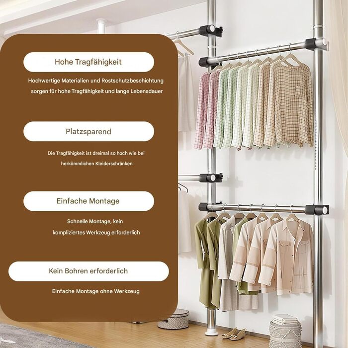 Телескопічна система для гардеробу: розширювана штанга для одягу з 6 штангами та 2 гачками, регульована полиця 110-300 см, для дому та магазину одягу, білий (срібний)