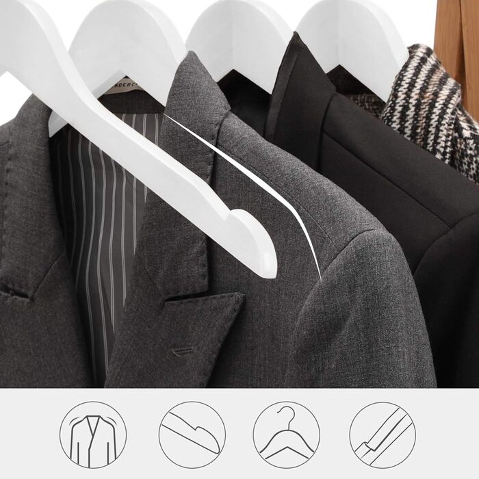 SONGMICS Wooden Clothes Hangers, 20 Pack, Clothes Hangers with Notches, for Jackets, Coats, Suits, Shirts, 360° Swivel Hook, Non-Slip, Length 44 cm, White, CRW003WT20