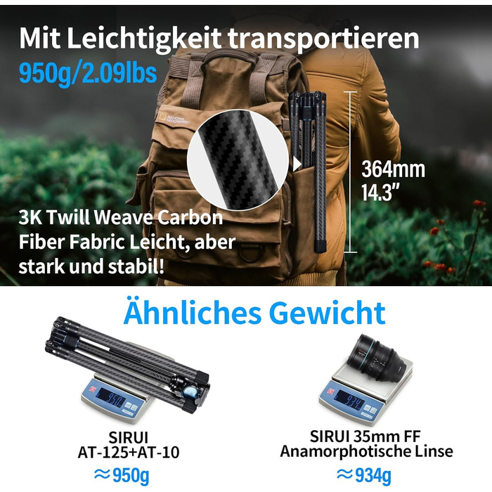 Штатив SIRUI Traveler X Carbon з Fluid-головкою та Quick-Twist системою для Arca Swiss, Ultraleichtes Reisestativ для DSLR/Відеозйомки, реверсивна центральна колона, 0.95kg