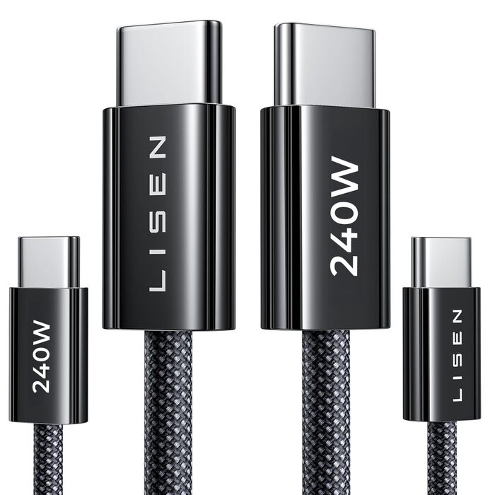 Кабель USB-C 2 шт. LISEN 240W 2м (1м+1м) для Samsung Galaxy S24 Ultra, MacBook Pro/Air, iPhone 17/16/15 Pro, iPad Pro/Air, чорний
