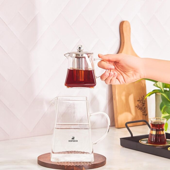 Karaca Dora Teapot, 4.5 L Teapot, 1.8 L Kettle, suitable for gas and electric cooktops, Teapot, Turkish teapot (cezve), and Teapot Set, Teapot (not induction compatible), (M, Giza Glass)