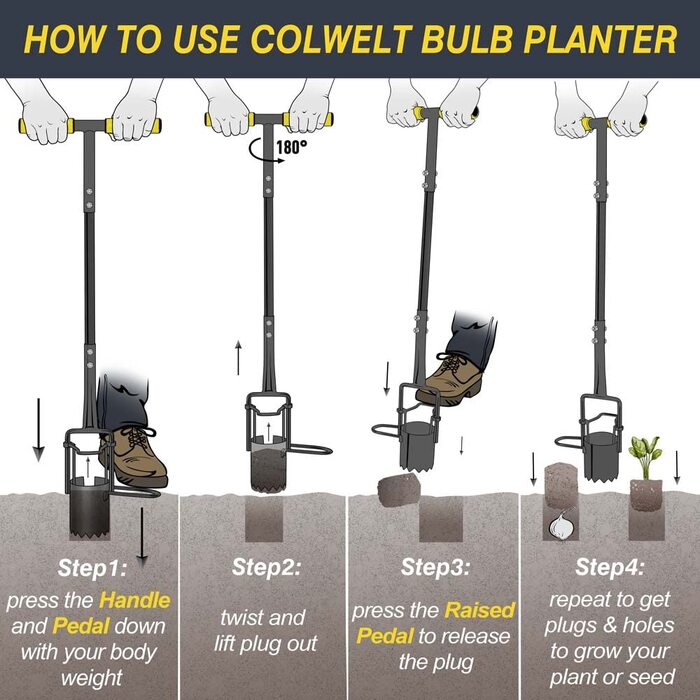 Інструмент для висаджування цибулин Colwelt з довгою ручкою, зубчастим дном і м'якою рукояткою, міцний садовий саджалка для тюльпанів, ірисів, нарцисів