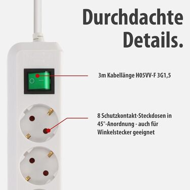 Бренненштуль Eco-Line, мережевий фільтр 8 розеток з вимикачем та 3м кабелем, білий